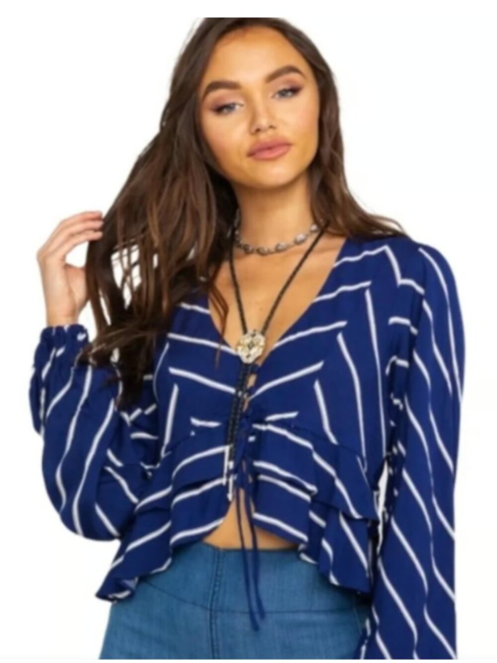 Free People Samifran Crop Flowy Ruffle Button Blue White Striped Boho Women's XS